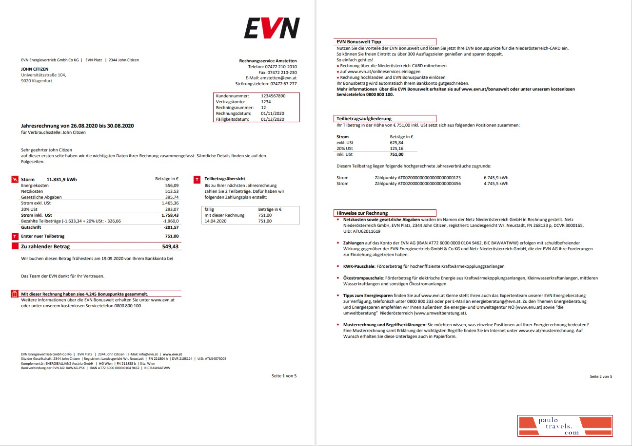 Austria EVN electricity utility bill 5 pages 1 2